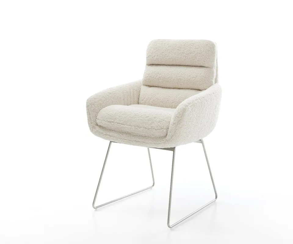 Sale Esszimmerstuhl Abelia-Flex mit Armlehnen Teddystoff Beige Kufengestell Edelstahl