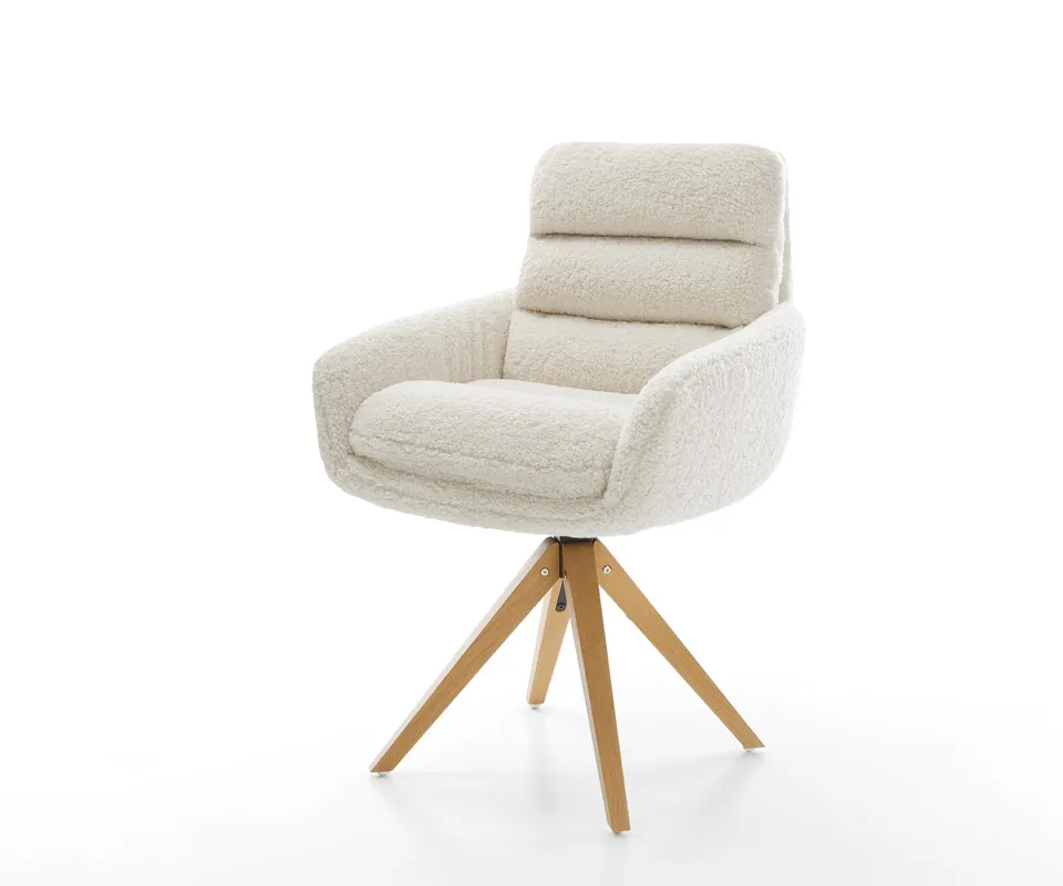 Drehstuhl Abelia-Flex mit Armlehnen Teddystoff Beige Holzgestell kantig Natur 180° drehbar Jetzt Kaufen