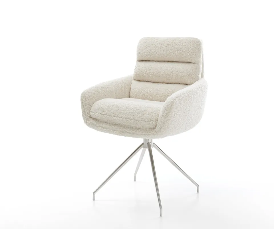 Preiswert Esszimmerstuhl Abelia-Flex mit Armlehnen Teddystoff Beige Kreuzgestell konisch Edelstahl