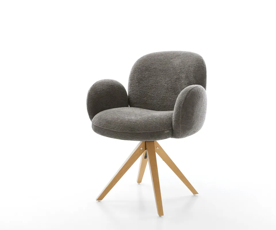 Drehstuhl Nube-Flex mit Armlehnen Bouclé Soft Schlamm Holzgestell kantig Natur 180° drehbar Taschenfederkern Beliebt