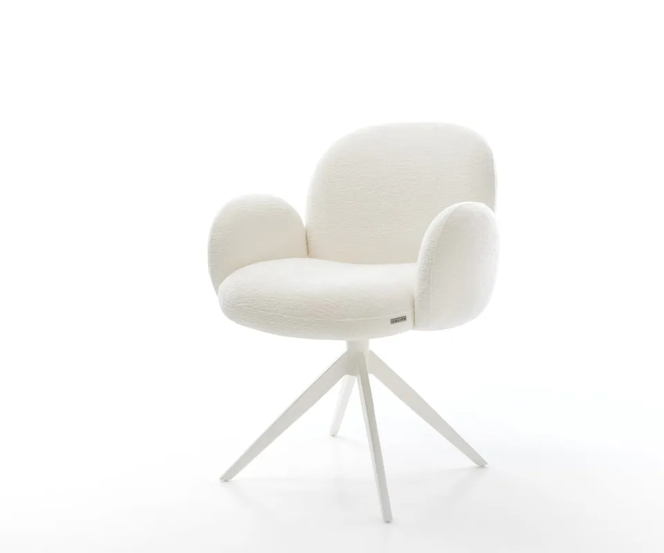 Must-Have Drehstuhl Nube-Flex mit Armlehnen Bouclé Soft Beige Kreuzgestell breit Weiß 360° drehbar Wippfunktion Taschenfederkern