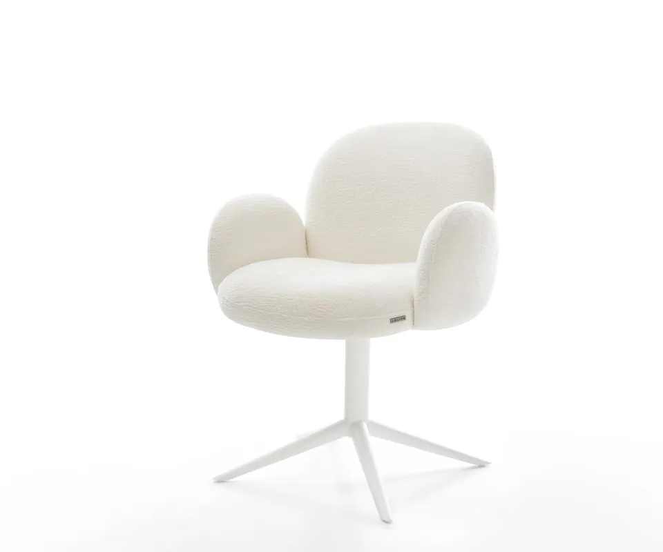 Drehstuhl Nube-Flex mit Armlehnen Bouclé Soft Beige Fußkreuz Weiß 360° drehbar Wippfunktion Taschenfederkern Meistverkauft