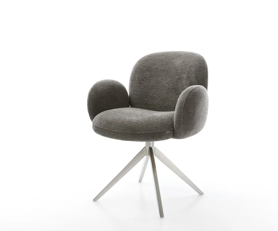 Drehstuhl Nube-Flex mit Armlehnen Bouclé Soft Schlamm Kreuzgestell breit Edelstahl 360° drehbar Wippfunktion Taschenfederkern Schnäppchen