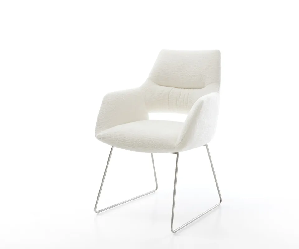 Esszimmerstuhl Yago-Flex mit Armlehnen Bouclé Soft Beige Kufengestell Edelstahl Taschenfederkern Expressversand