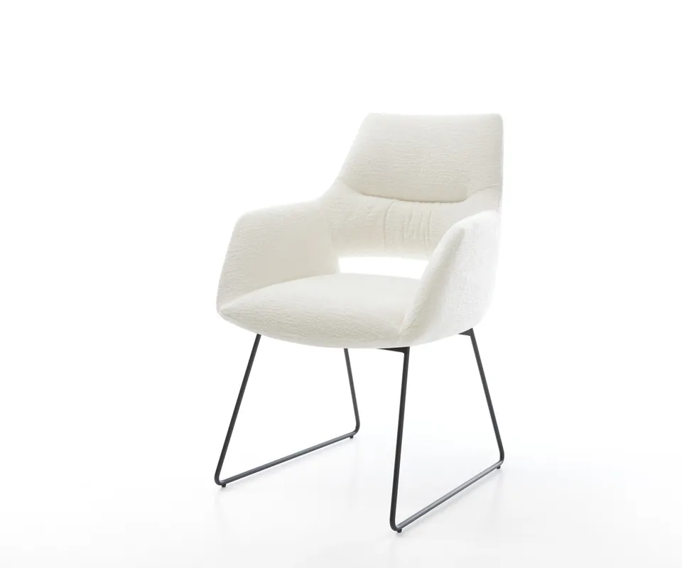 Esszimmerstuhl Yago-Flex mit Armlehnen Bouclé Soft Beige Kufengestell Schwarz Taschenfederkern Markenprodukt