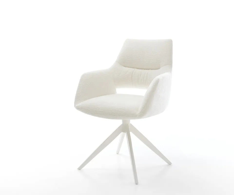 Wochenendangebot Drehstuhl Yago-Flex mit Armlehnen Bouclé Soft Beige Kreuzgestell breit Weiß 360° drehbar Wippfunktion Taschenfederkern