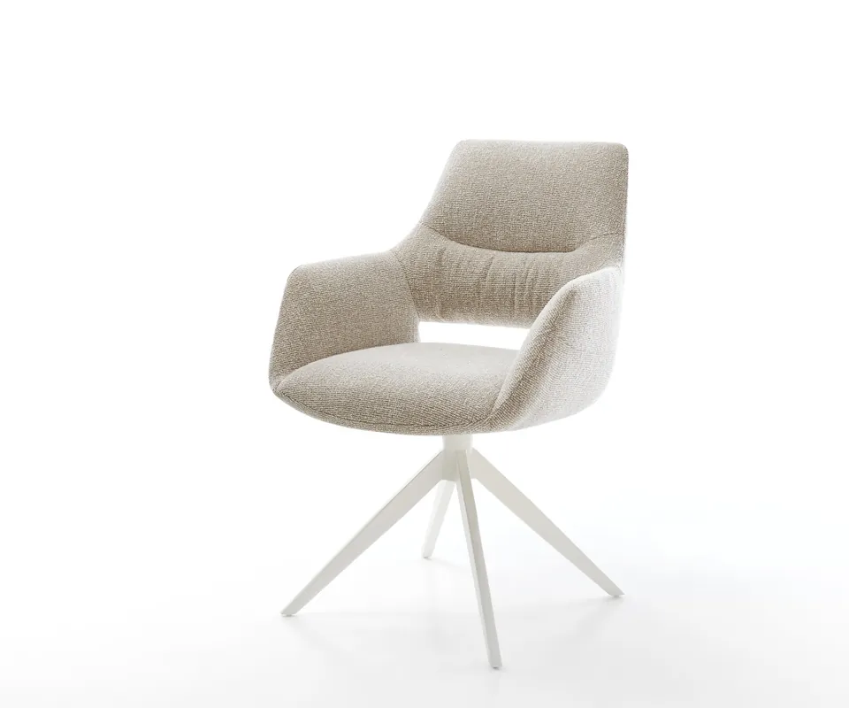 Drehstuhl Yago-Flex mit Armlehnen Webstoff Soft Beige Kreuzgestell breit Weiß 360° drehbar Wippfunktion Taschenfederkern Neu