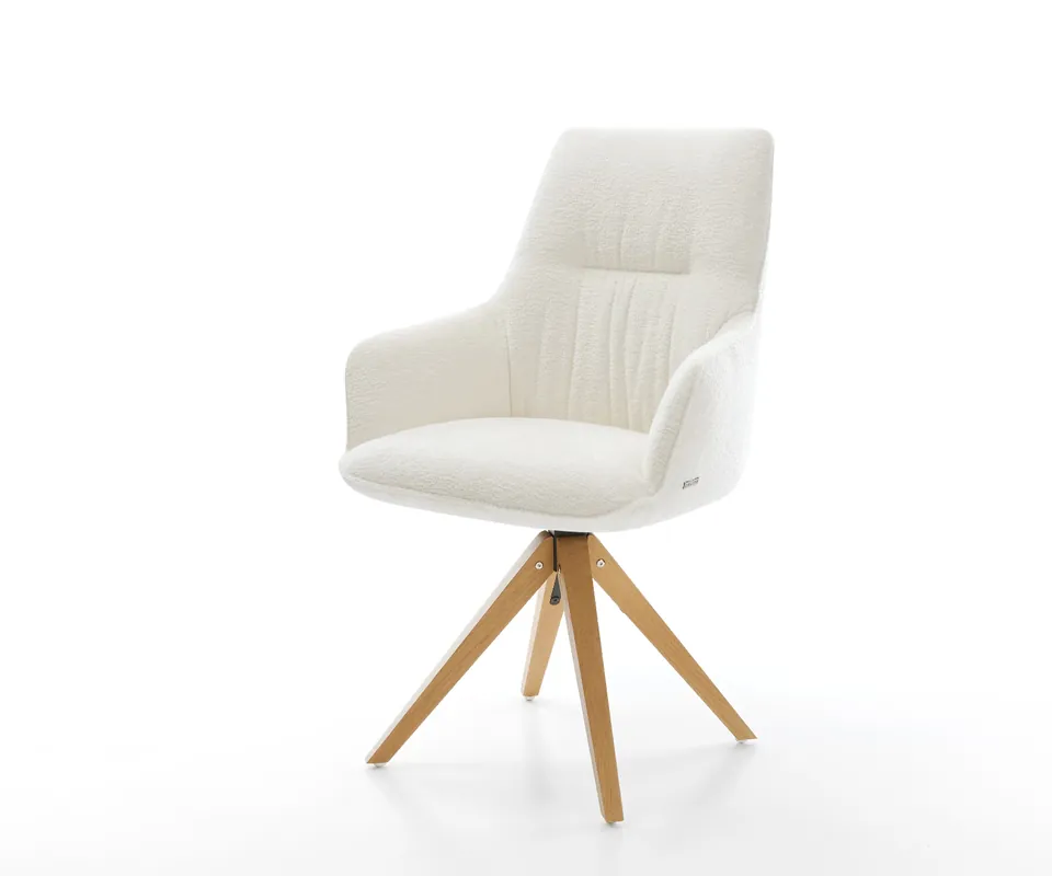Drehstuhl Zelia-Flex mit Armlehnen Bouclé Soft Beige Holzgestell kantig Natur 180° drehbar Taschenfederkern Billig