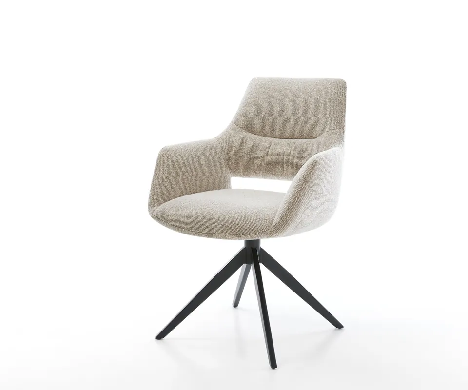 Drehstuhl Yago-Flex mit Armlehnen Webstoff Soft Beige Kreuzgestell breit Schwarz 360° drehbar Wippfunktion Taschenfederkern Echt