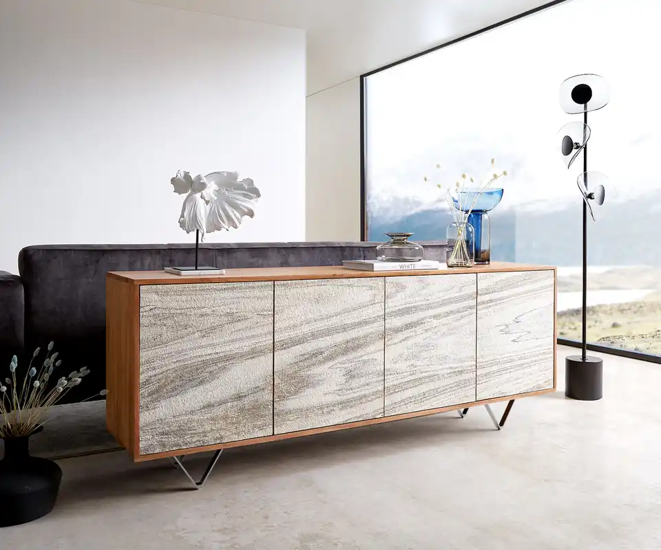 Highlight Sideboard Kleo 175 cm Akazie Natur 4 Türen V-Fuß Edelstahl