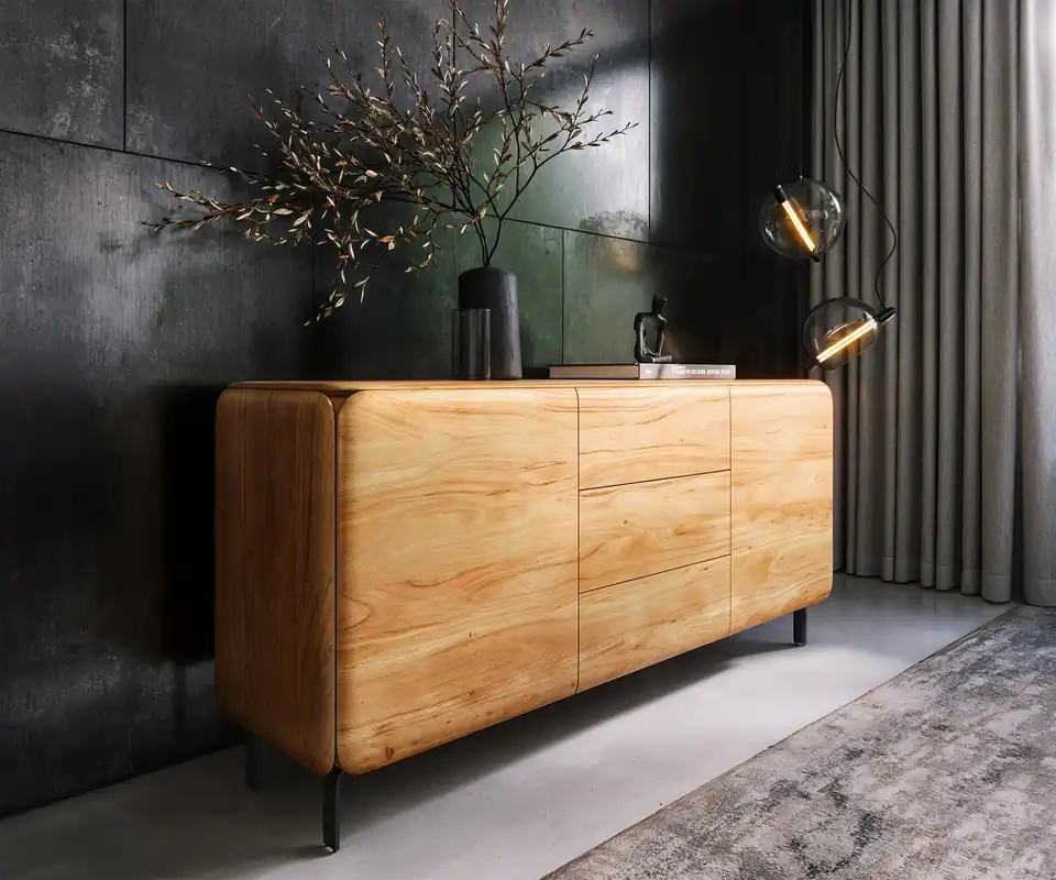 Meistverkauft Sideboard Shavani 175 cm Akazie Natur 2 Türen 3 Schubladen L-Fuß Metall Schwarz