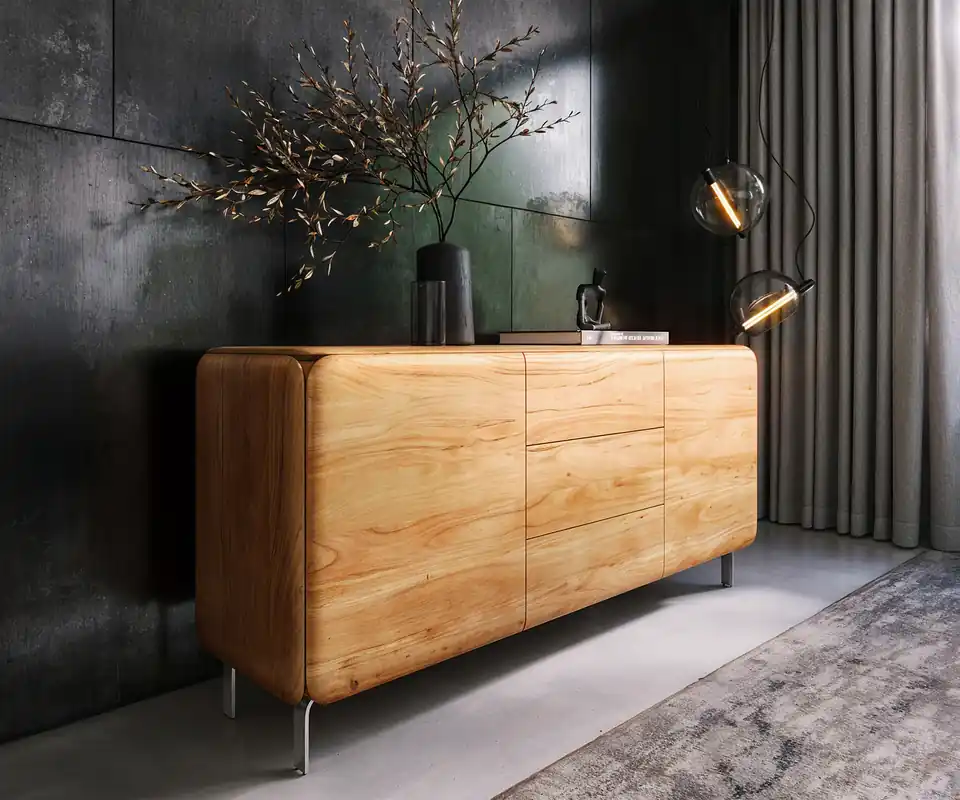 Neue Ware Sideboard Shavani 175 cm Akazie Natur 2 Türen 3 Schubladen L-Fuß Edelstahl Silber