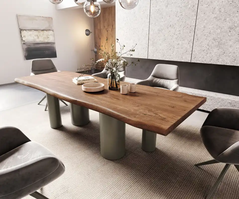Esstisch Edge 260x100 XL Akazie Braun Pilier Metall Effektfinish Titan Live- Bestseller