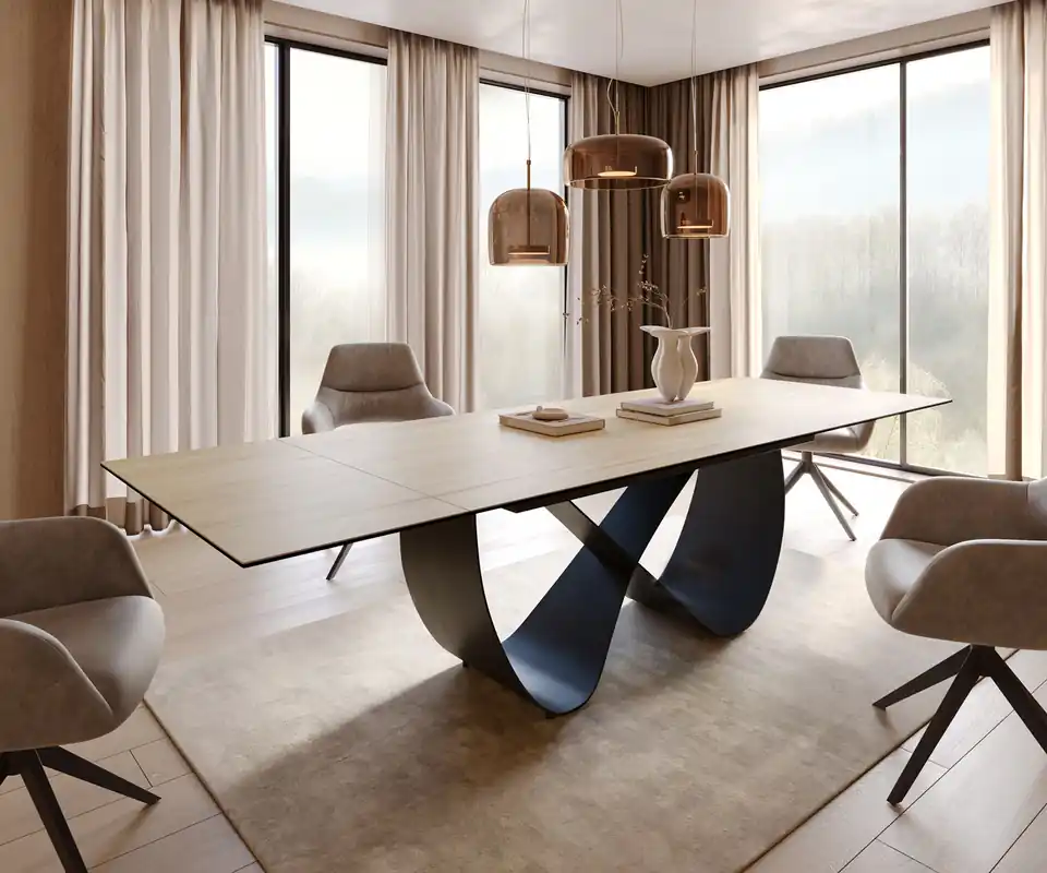 Esstisch Edge 200-300x100 cm Keramik Laminam® Sabbia Eichefarbig Infinity Metall Schwarz ausziehbar Versand Am Gleichen Tag