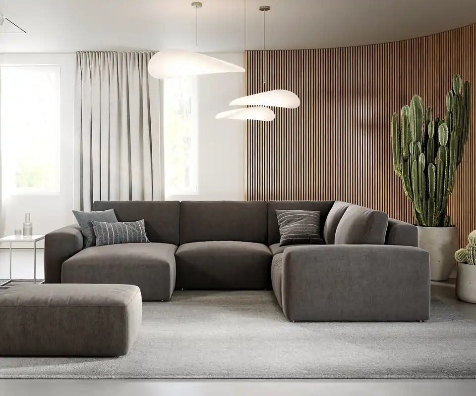 Wohnlandschaft Lanzo 300x210 cm Mikrofaser Khakibraun Recamiere variabel mit Hocker Neu Im Sortiment