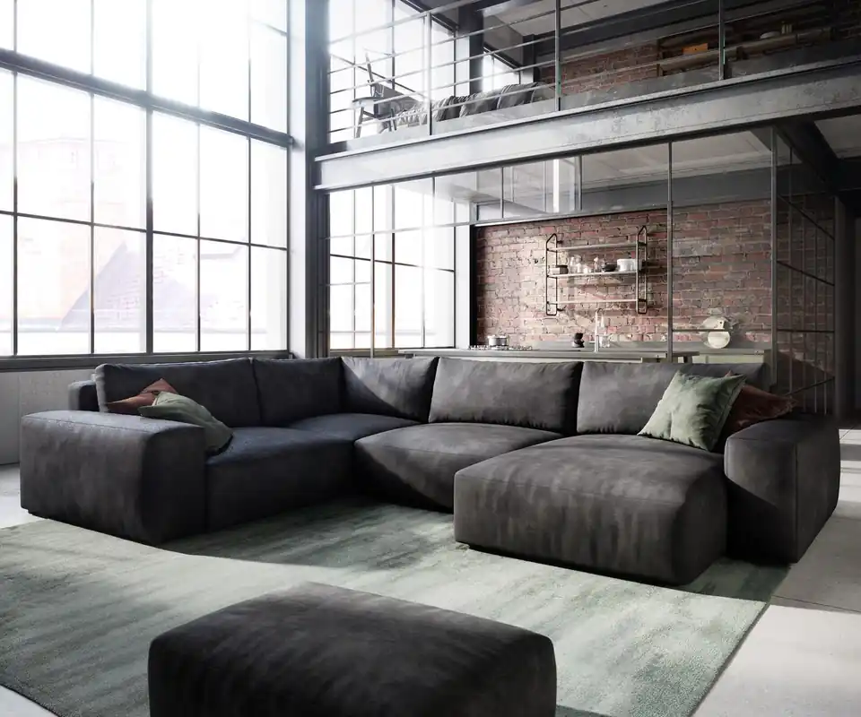 Wohnlandschaft Lanzo 300x210 cm Lederimitat Vintage Anthrazit Recamiere variabel mit Hocker Preisreduziert