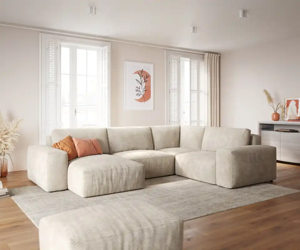Wohnlandschaft Lanzo 300x210 cm Cord Beige Recamiere variabel mit Hocker Preisknaller