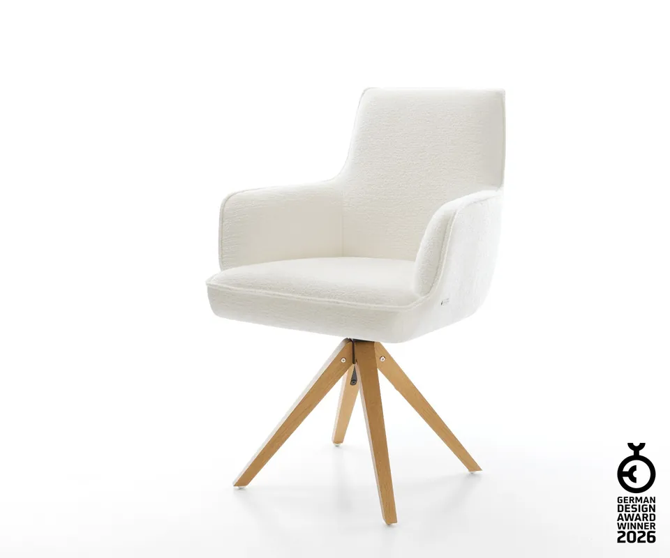 Neu Drehstuhl Heira-Flex mit Armlehnen Bouclé Soft Beige Holzgestell kantig Natur 180° drehbar Taschenfederkern