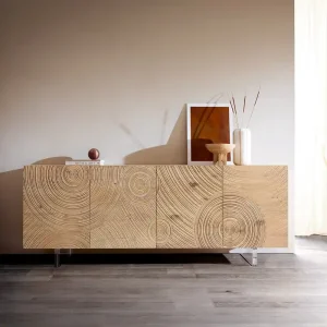 Sideboard Ashara 200 cm Eiche Natur 3D Effekt 4 Türen Fuß Schwebeoptik Acrylglas Finale Aktion