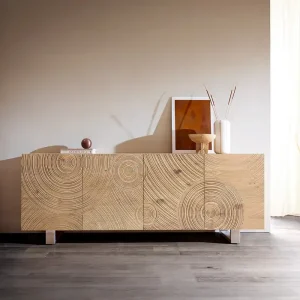 Finale Aktion Sideboard Ashara 200 cm Eiche Natur 3D Effekt 4 Türen Kufe Edelstahl gebürstet