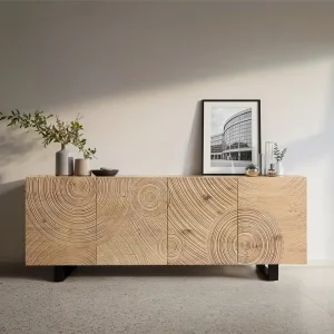 Sideboard Ashara 200 cm Eiche Natur 3D Effekt 4 Türen Kufe Metall Schwarz Direkt Vom Hersteller