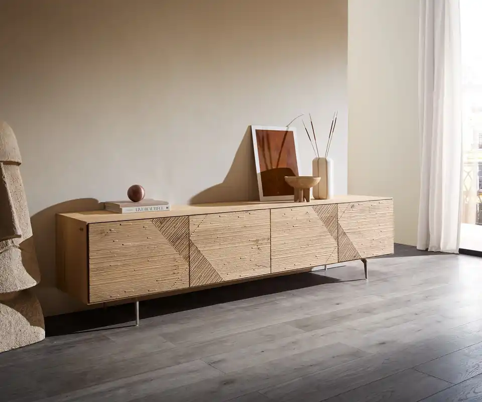 Jetzt Kaufen Lowboard Tereos 220 cm Eiche Natur 3D Effekt 4 Türen Winkelfuß Edelstahl gebürstet