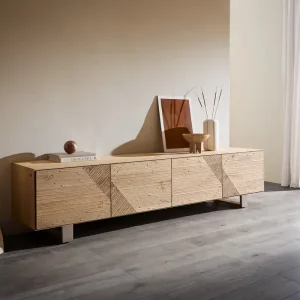 Lowboard Tereos 220 cm Eiche Natur 3D Effekt 4 Türen Kufe Edelstahl gebürstet Jetzt Kaufen
