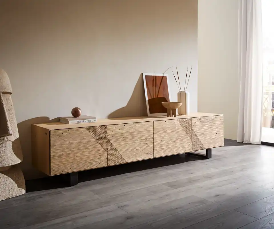 Direkt Vom Hersteller Lowboard Tereos 220 cm Eiche Natur 3D Effekt 4 Türen Kufe Metall Schwarz