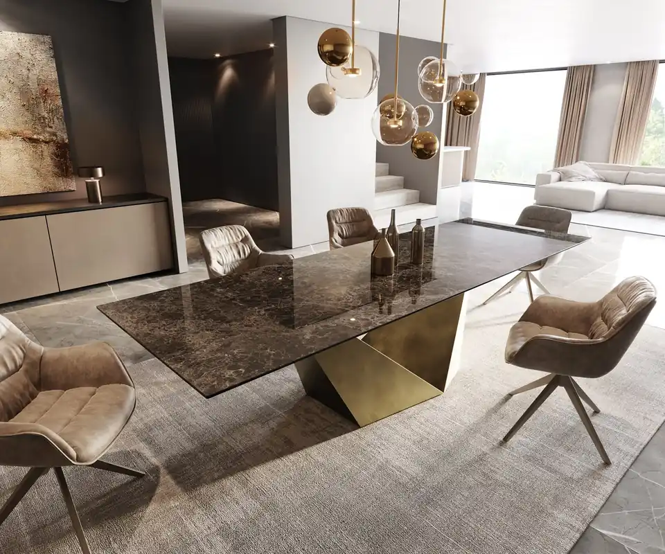 Mega-Angebot Esstisch Edge 300x100 Keramik Emperador Extra Lucidato Dunkelbraun Prisma Metallic Gold