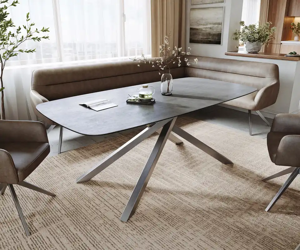 Neue Ware Esstisch Edge Boot 200x100 cm Keramik Beton Grau Kreuzgestell Rechteck Edelstahl