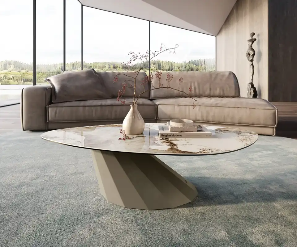 Couchtisch Edge Organisch 140x76 cm Keramik Minas Melange Parabi Metall Effektfinish Titan Zertifiziert