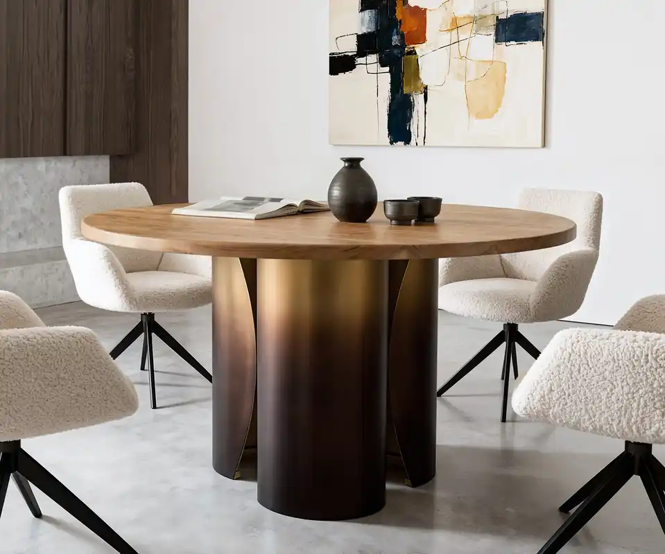 Direktkauf Esstisch Adenza Rund 140x140 cm Akazie Natur Metall Gold Ombre