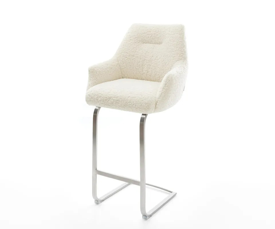 Kracherpreis Barstuhl Alja-Flex Teddystoff Beige Freischwinger Flach Edelstahl Silberfarben Taschenfederkern