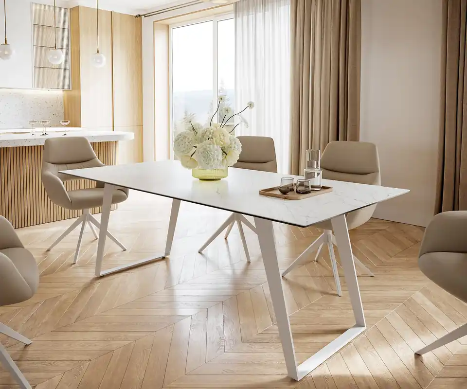 Letzte Chance Esstisch Edge 200x100 cm Keramik Laminam® Statuarietto Weiß Metall Schräg Weiß