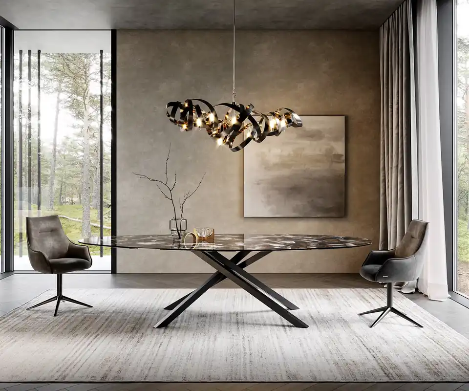 Neue Ware Esstisch Edge Oval 280x130 cm Keramik Iris FMG Agatablack Kreuzgestell Rechteck Schwarz