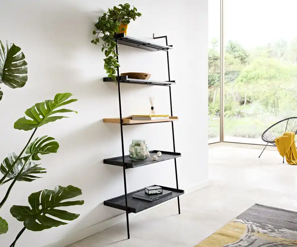 Bücherregal Mikkusu 80x185 cm Bambus Natur Mango Schwarz 5 Ablagen Metall Schwarz Bestseller