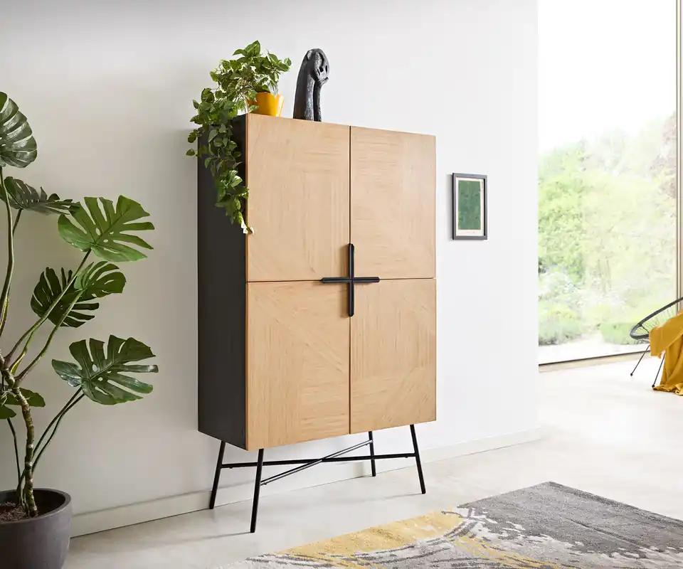 Highboard Mikkusu 90x150 cm Bambus Natur Mango Schwarz 4 Türen Metall Schwarz Rabatt