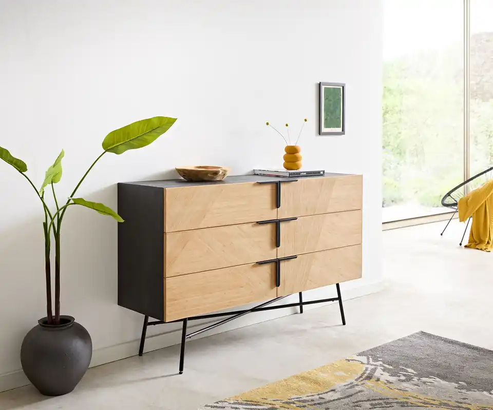 Geprüft Sideboard Mikkusu 140 cm Bambus Natur Mango Schwarz 6 Schubladen Metall Schwarz