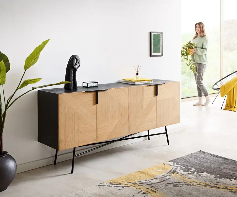 Sideboard Mikkusu 175 cm Bambus Natur Mango Schwarz 4 Türen Metall Schwarz Schneller Versand