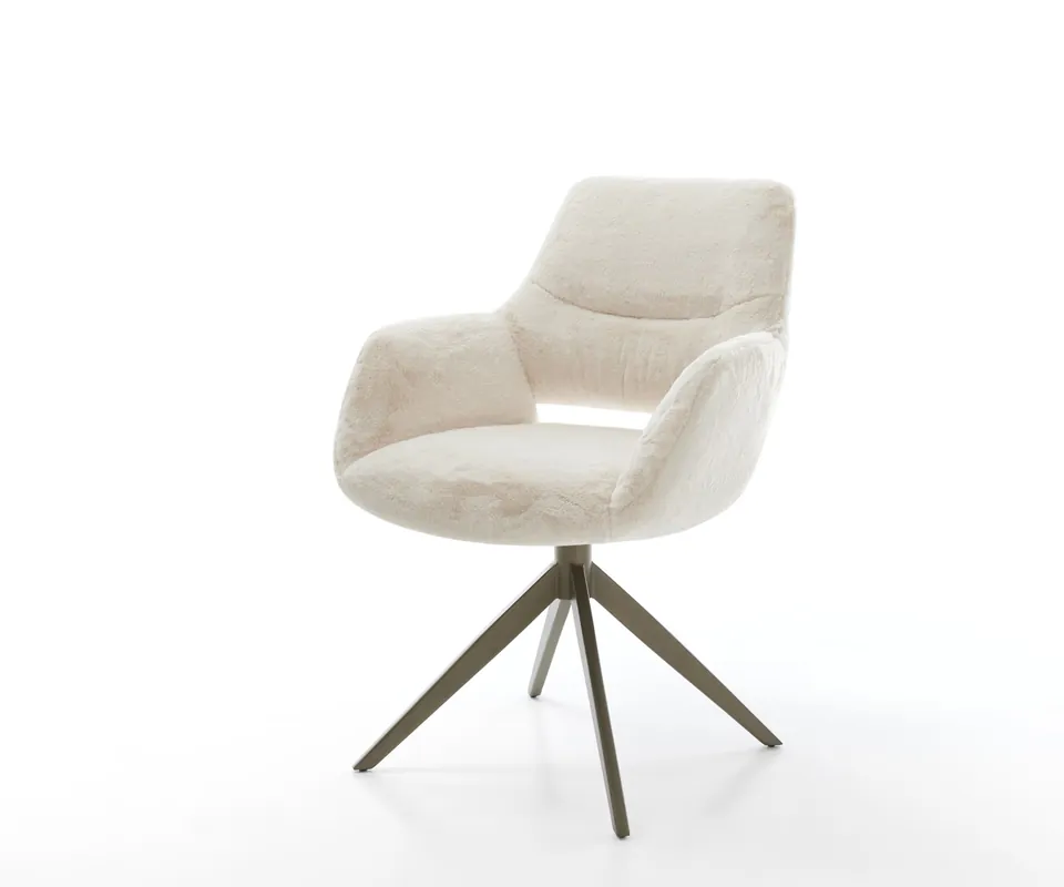 Bestseller Drehstuhl Yago-Flex mit Armlehnen Plüsch Creme-Weiß Kreuzgestell breit Effektfinish Titan 360° drehbar Wippfunktion Taschenfederkern