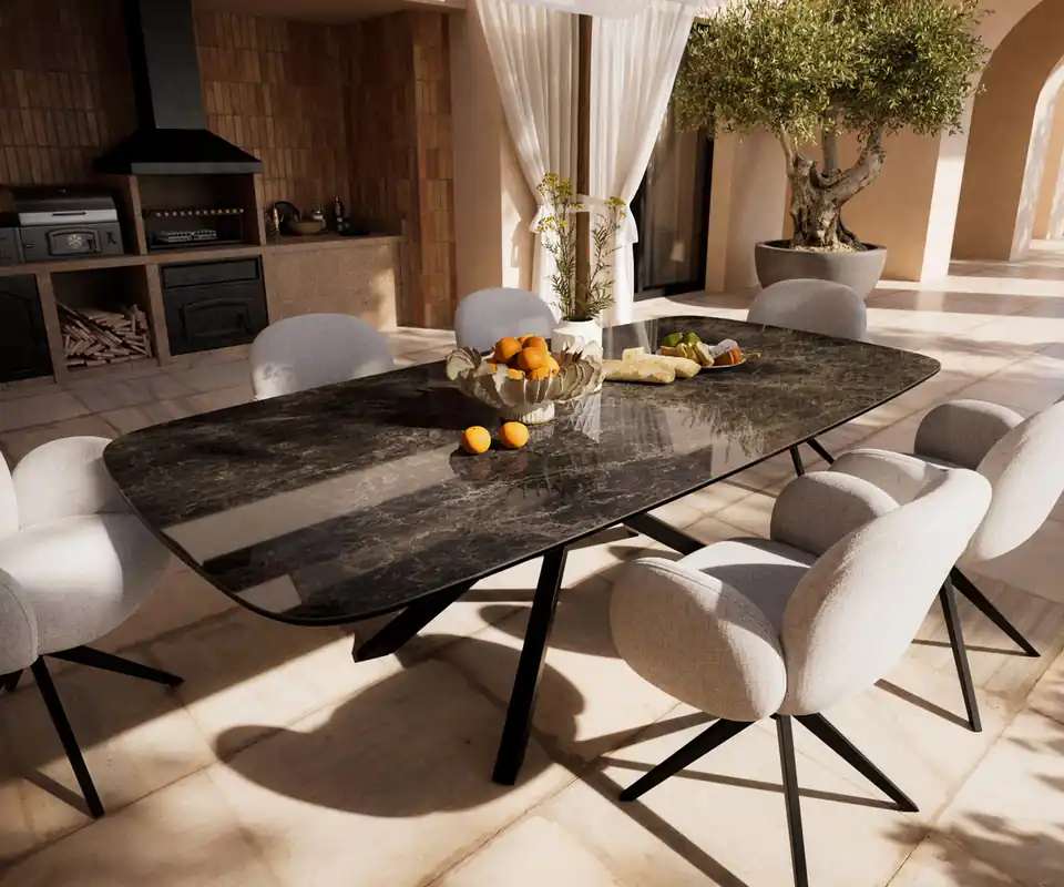 Outdoortisch Edge Boot 240x120 cm Keramik Emperador Extra Lucidato Dunkelbraun Kreuzgestell Rechteck Schwarz Günstig