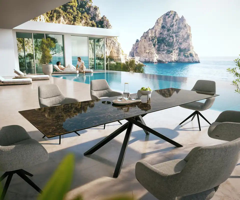 Outdoortisch Edge 300x100 cm Keramik Emperador Extra Lucidato Dunkelbraun Kreuzgestell Rechteck Schwarz Bestseller