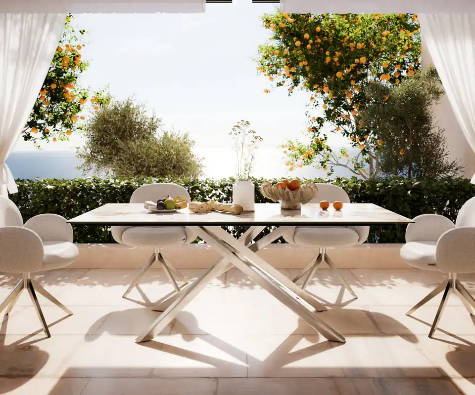 Outdoortisch Edge 200x100 cm Keramik Minas Melange Weiß-Beige Kreuzgestell Rechteck Edelstahl Sonderaktion