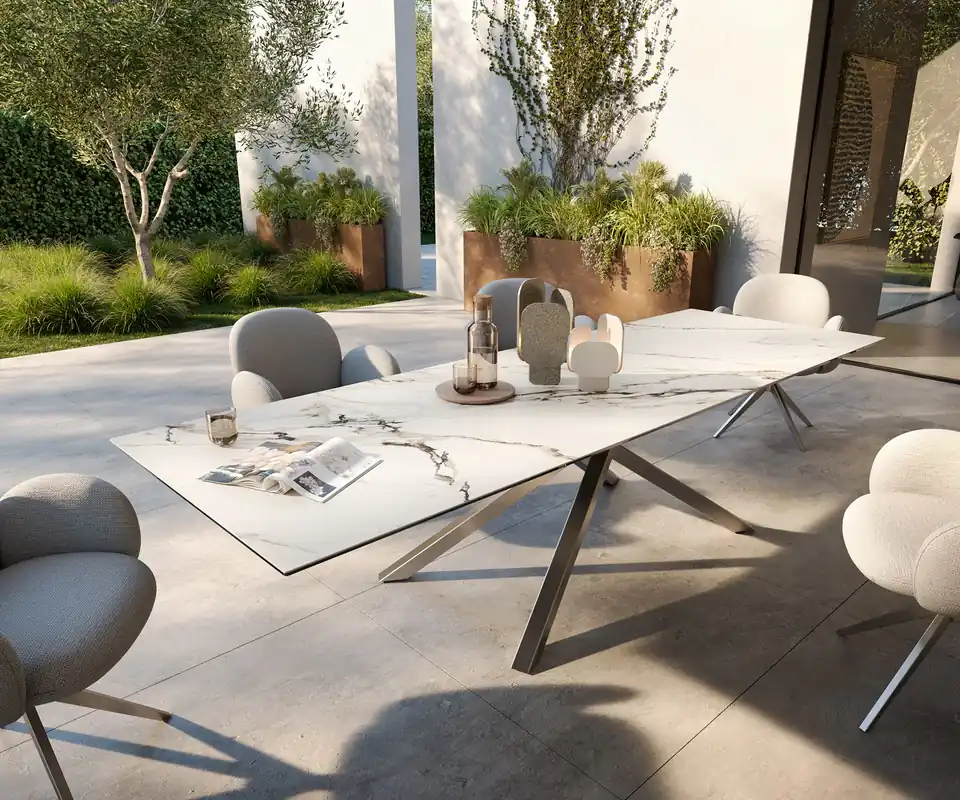 Nur Für Kurze Zeit Outdoortisch Edge 300x100 cm Keramik Calacatta Luxe Weiß-Gold-Grau Kreuzgestell Rechteck Edelstahl