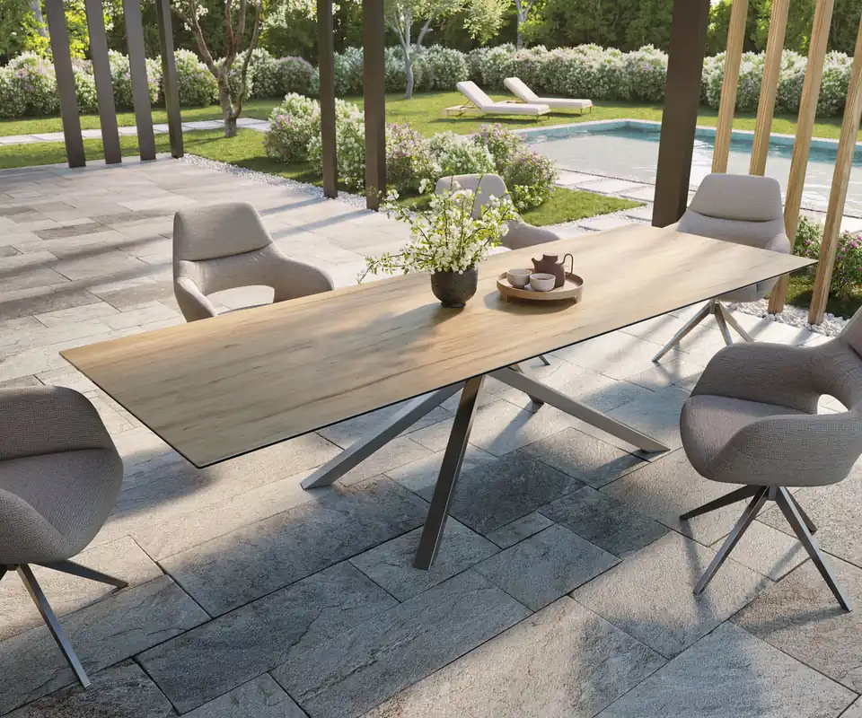 Knallerangebot Outdoortisch Edge 300x100 cm Keramik Laminam® Sabbia Eichefarbig Kreuzgestell Rechteck Edelstahl