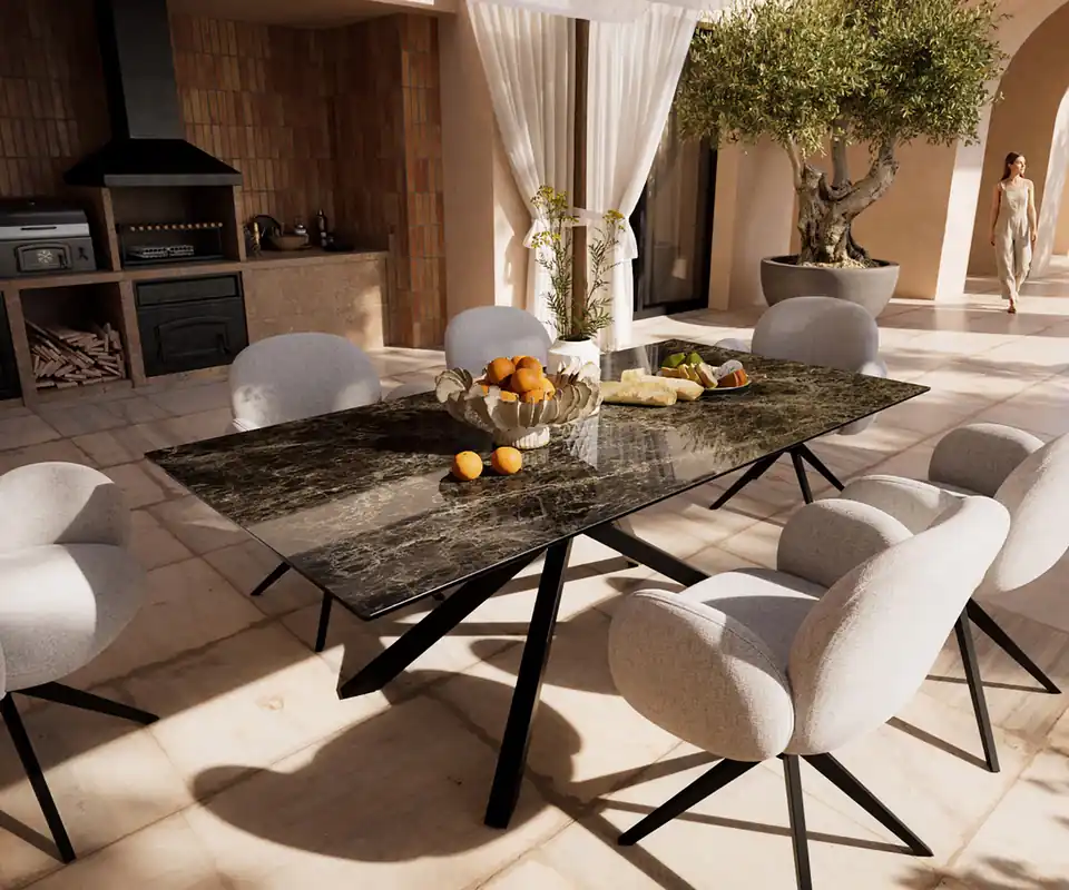 Direkt Vom Hersteller Outdoortisch Edge 200x100 cm Keramik Emperador Extra Lucidato Dunkelbraun Kreuzgestell Rechteck Schwarz