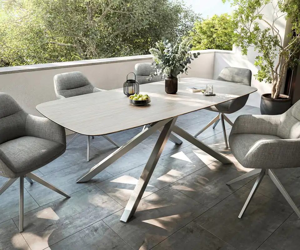 Schneller Versand Outdoortisch Edge Boot 200x100 cm Keramik Laminam® Travertino Bianco Creme-Weiß Kreuzgestell Rechteck Edelstahl
