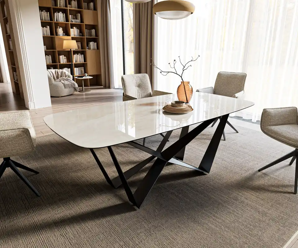 Esstisch Edge Boot 200x100 cm Keramik Onyx Champagne Spider Flachstahl Schwarz Sonderaktion