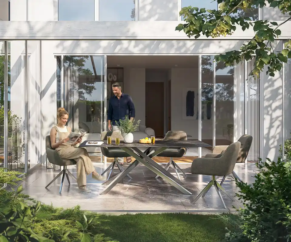 Outdoortisch Edge 200x100 cm Keramik Laminam® Nero Greco Anthrazit Kreuzgestell Rechteck Edelstahl Highlight