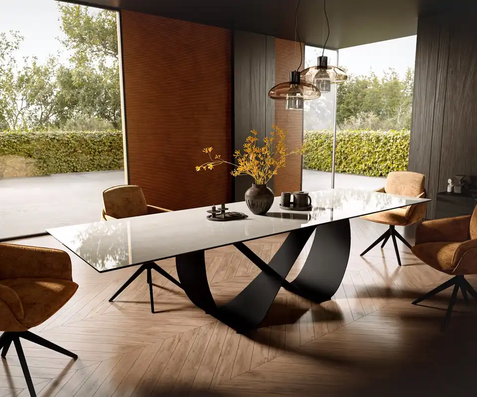 Sonderangebot Esstisch Edge 300x100 cm Keramik Onyx Champagne Infinity Metall Schwarz